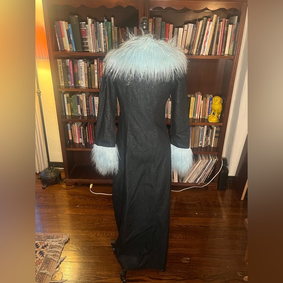 Vintage Faux Fake Fur Blue Denim Long Duster Coat 90s Y2K - Picture 11 of 13